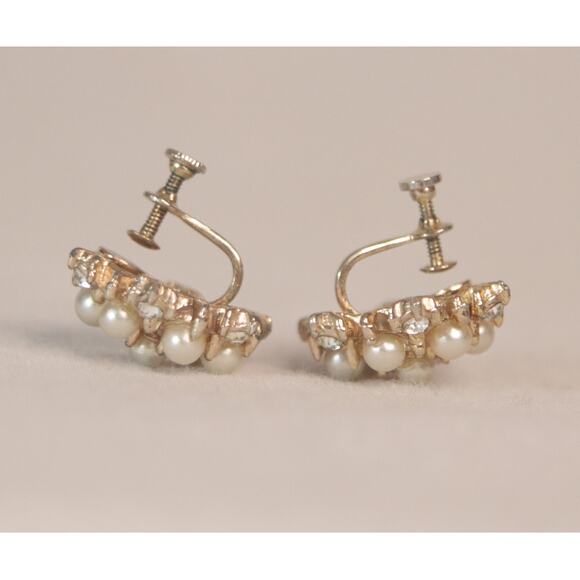 Pearly Beads And Rhinestones Cluster Earrings Screw Backs - Picture 6 of 8